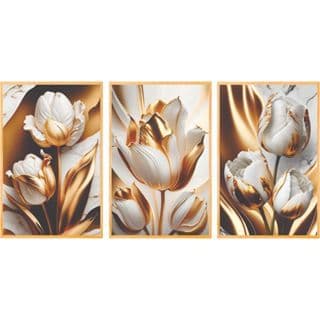 kit quadros decorativos flores tulipas douradas luxo gold abstratos 3 peças n007( TULIPA 007 B/D)