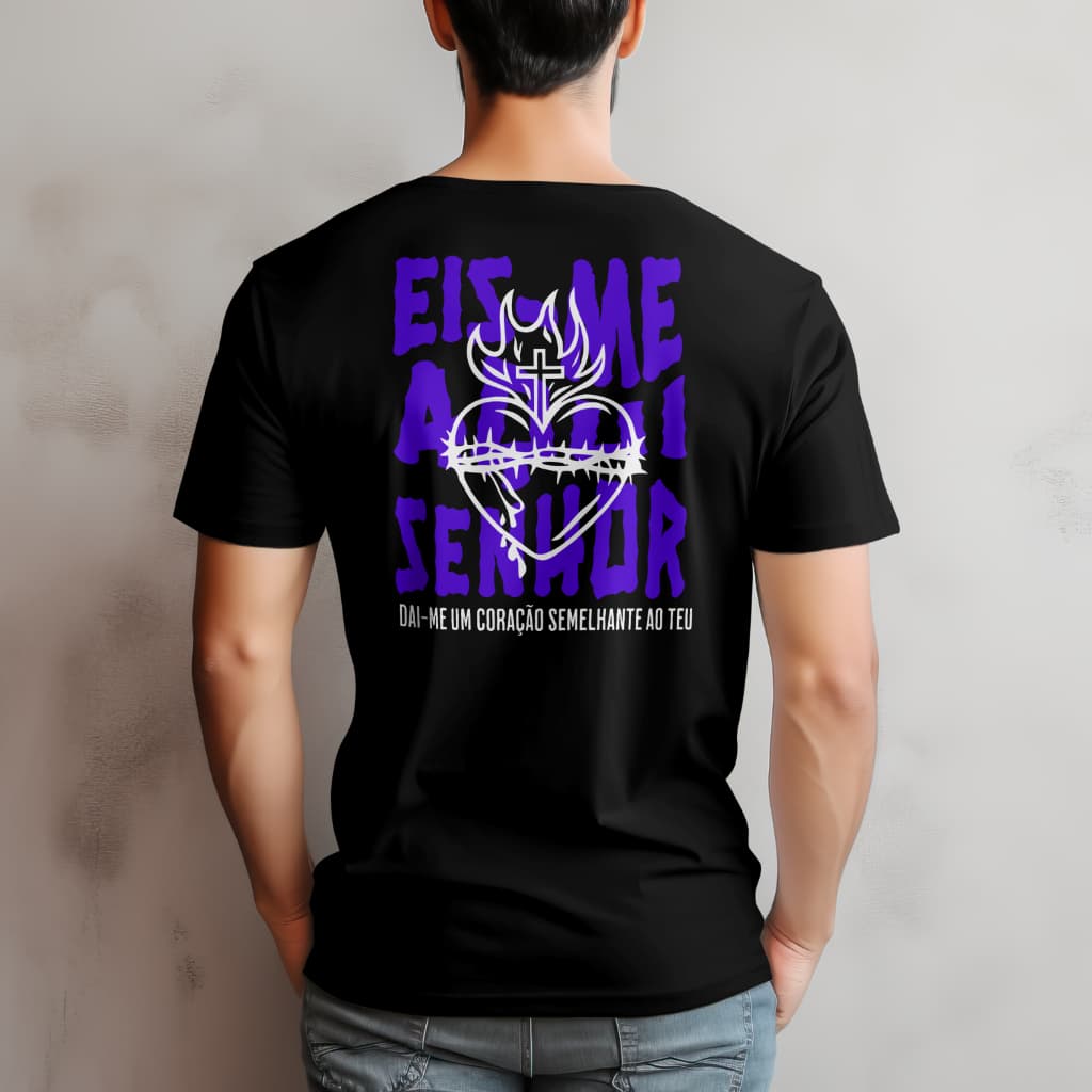 Camiseta Jesus Masculina Camisa 30.1 Eisme Aqui Senhor Roxa 100% Algodão