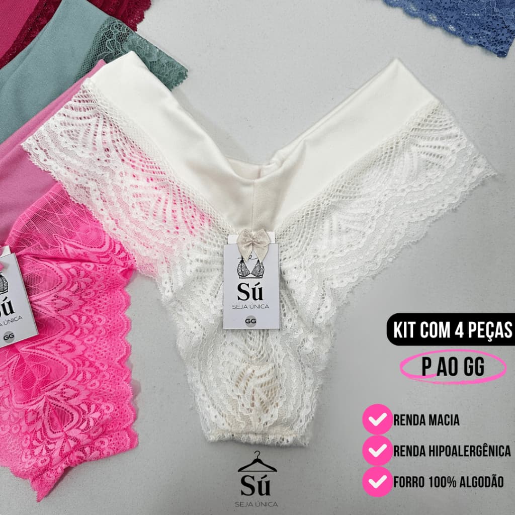 Kit 4 Calcinhas Tanga Renda Luxo Trabalhada Forro em Algodão Cós Microfibra