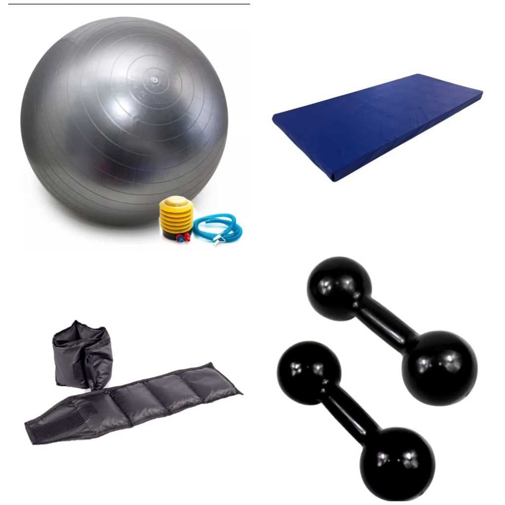 Kit Completo Halter Emborrachado 1kg + Colchonete + Bola de Pilates  + Caneleira 1kg