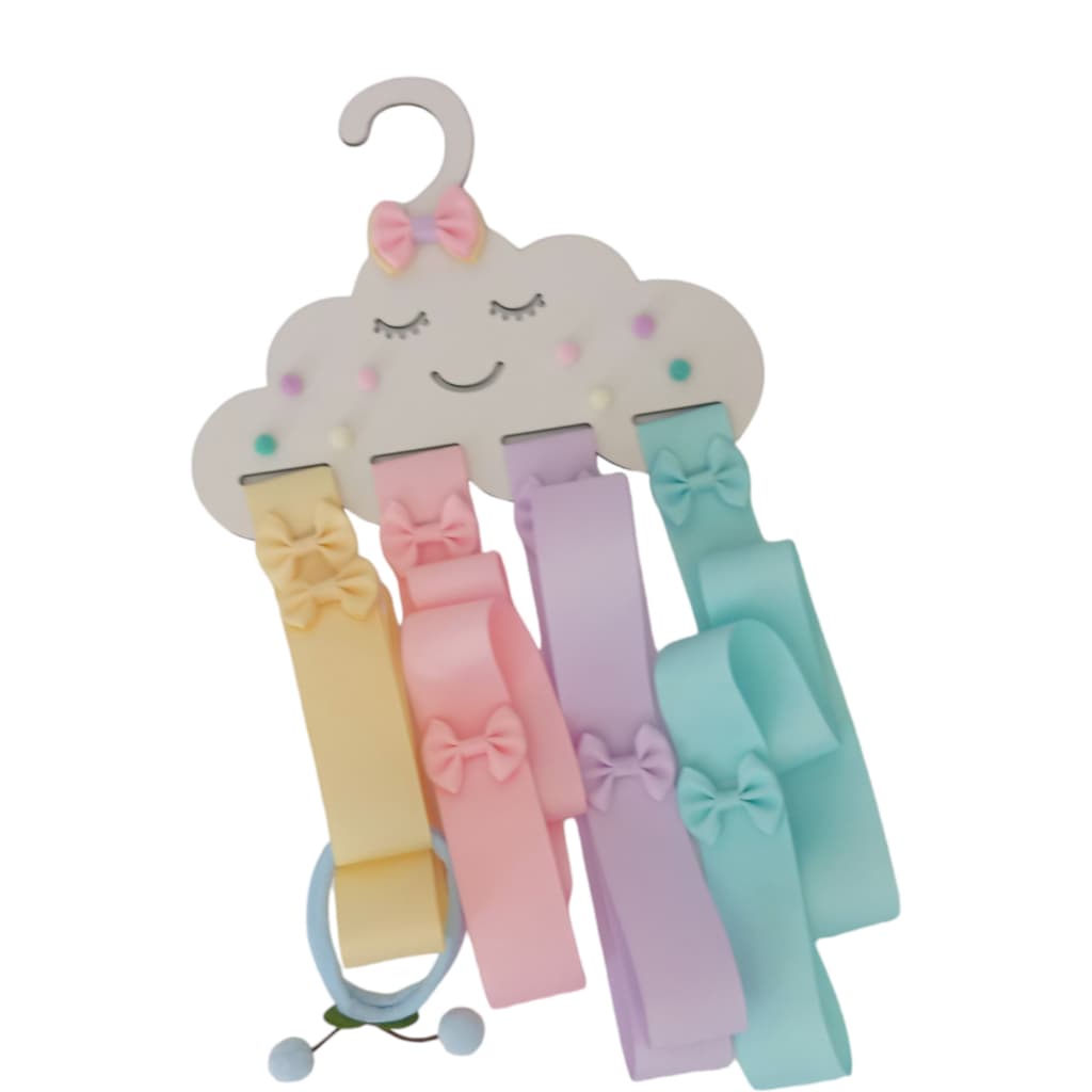 Cabide porta laços de menina modelo nuvem MDf em fecho de gancho colorido, decorado com pompons