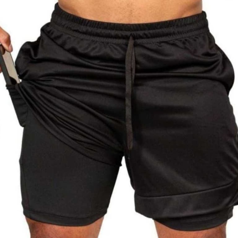 SHORTS MASCULINO COMPREENSÃO ACADEMIA 2 EM 1- BOLSO P/ CELULAR SUPORTE P/ TOALHA