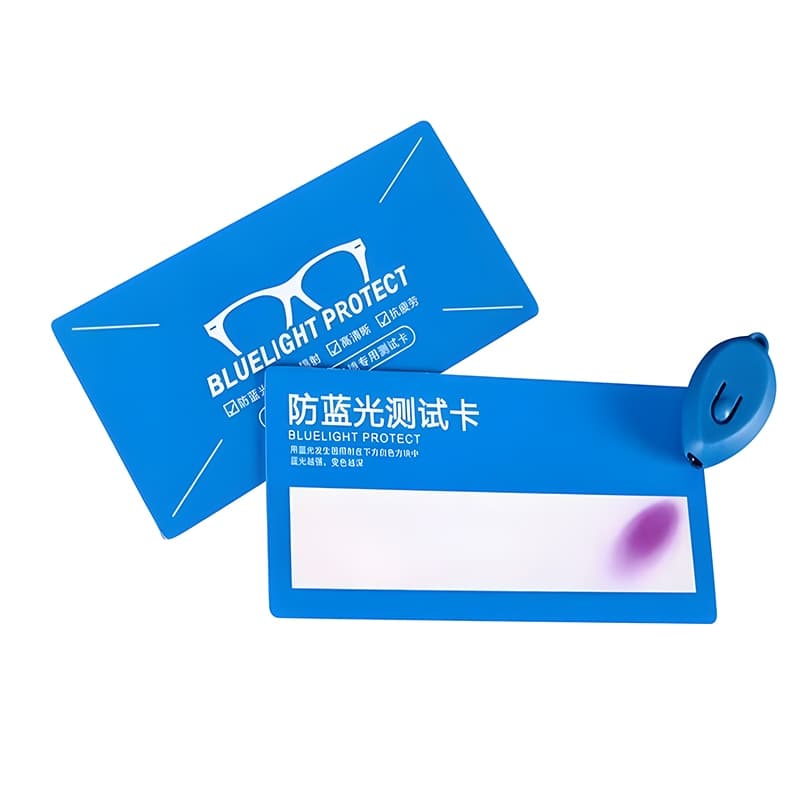 mini lanterna luz azul + cartão teste para óculos com filtro de luz azul e uv