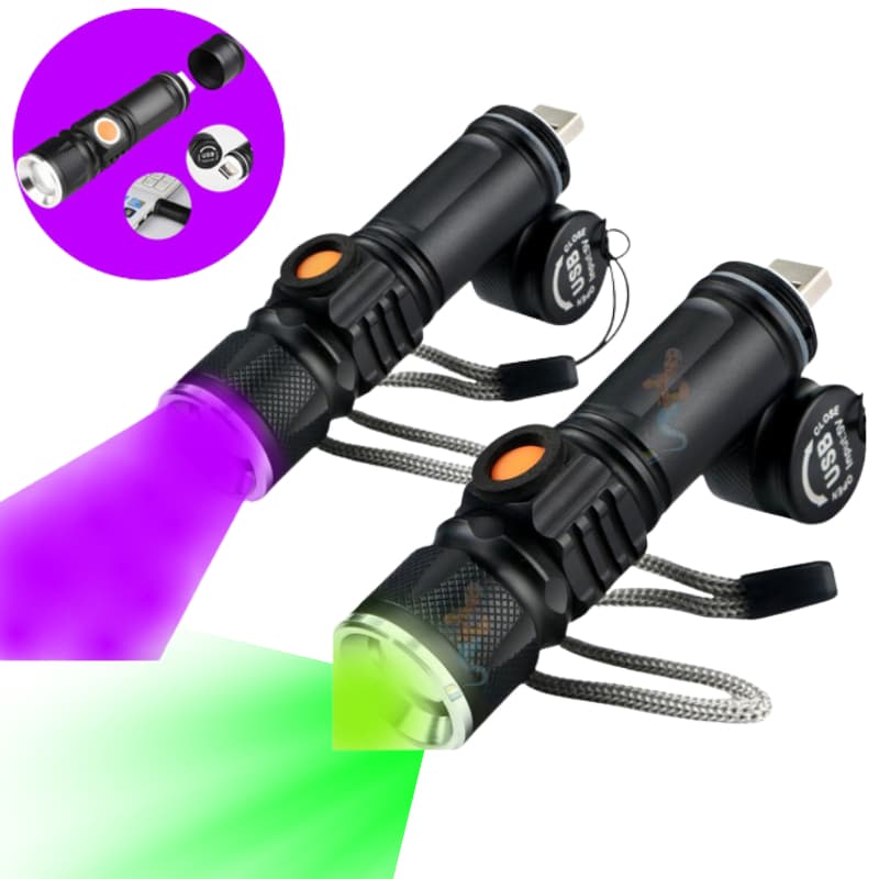 Kit 2 Lanternas Neon Uv E Led Verde Tatico Caça Com Zoom
