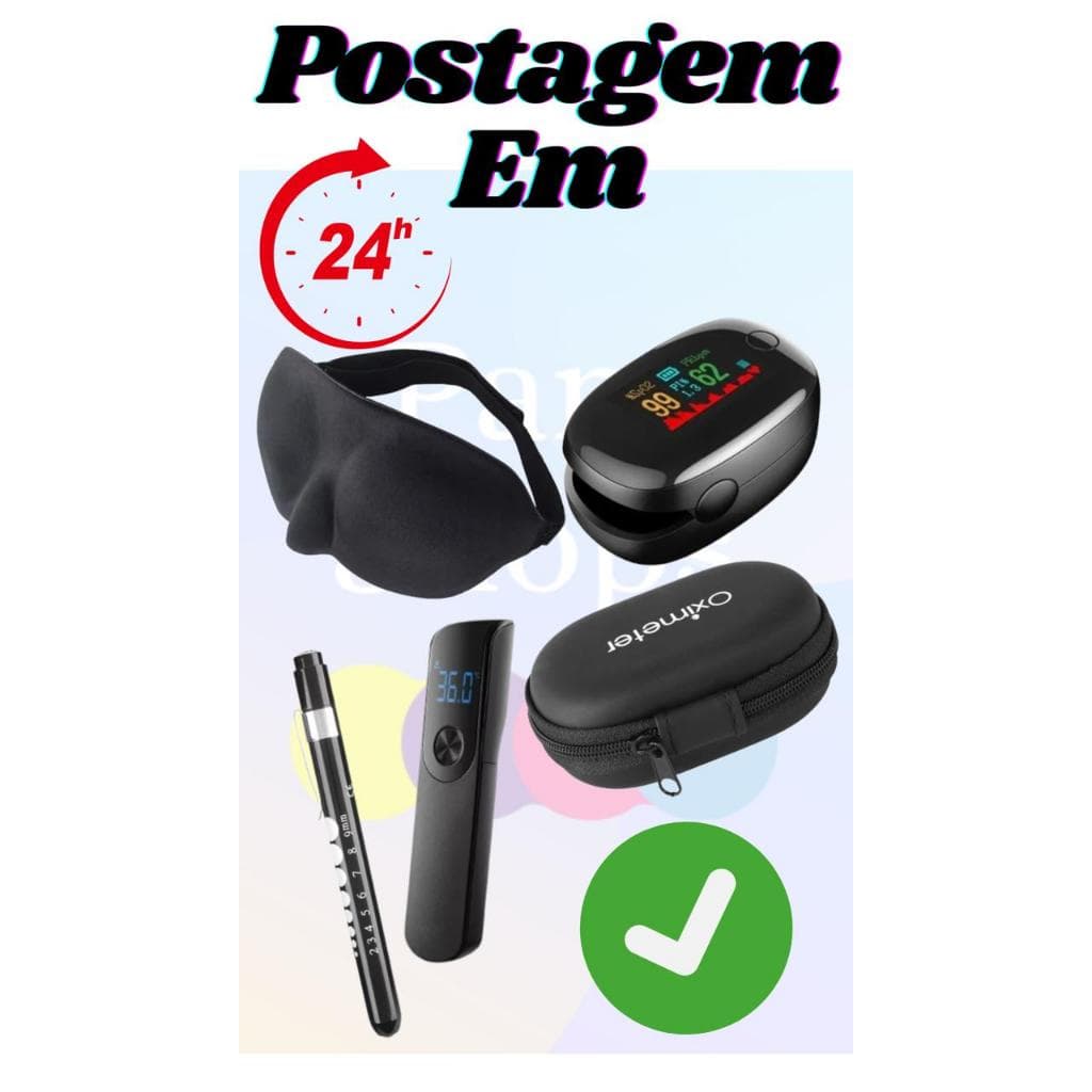 Kit oximetro PRETO+mascara de dormir+ termometro PRETO+capa oximetro+lanterna clinica