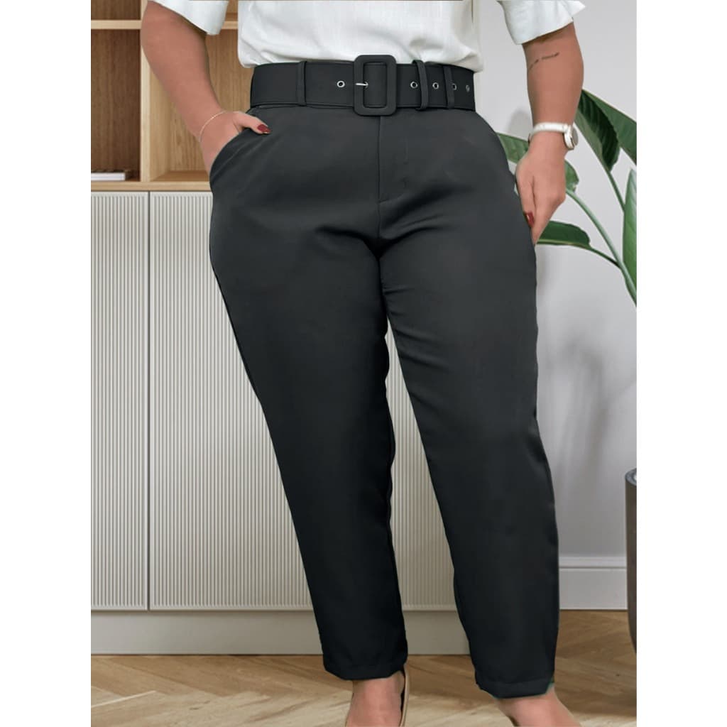 Calça Plus Size Com Cinto Removivel Alfaiataria Feminino Elegante Social