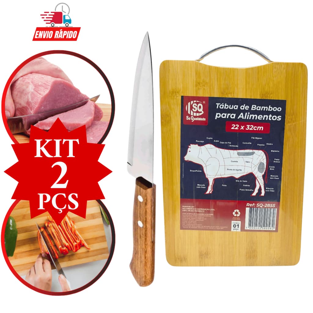 Kit 2 Peças Tábua de Carne de Madeira  Tábua de Corte Bambu  Faca de Inox com Cabo de Madeira 7 Polegadas Para Legumes Churrasco Corte Cozinha Restaurante