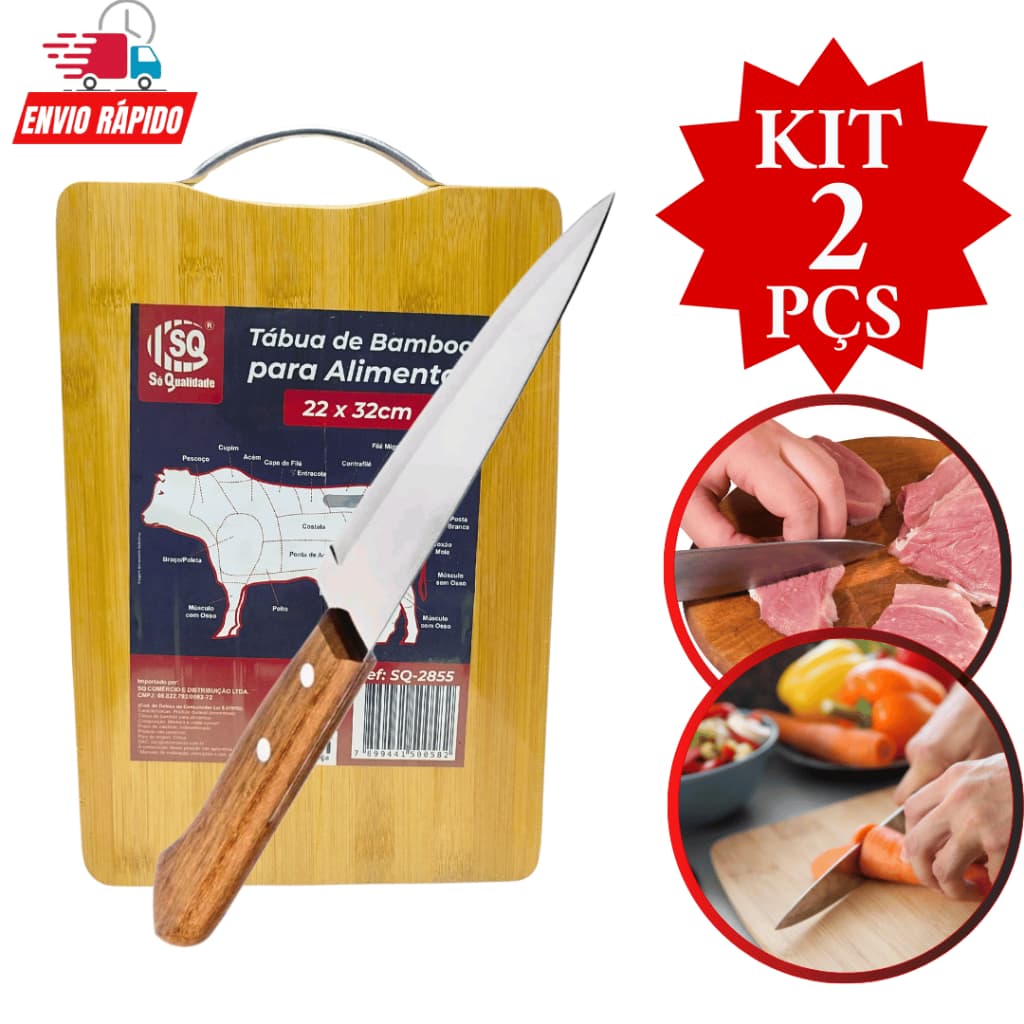 Kit 2 Peças Tábua de Carne de Madeira  Tábua de Corte Bambu  Faca de Inox com Cabo de Madeira 7 Polegadas Para Legumes Churrasco Corte Cozinha Restaurante