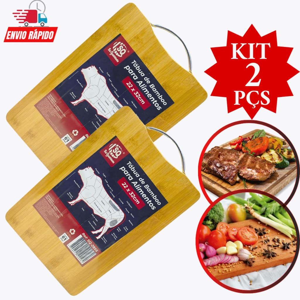 Kit 2 Peças Tábua de Carne de Madeira Tábua de Corte Bambu com Alça para Churrasco Legumes Frutas Servir Alimentos Cozinha Restaurante Promoção