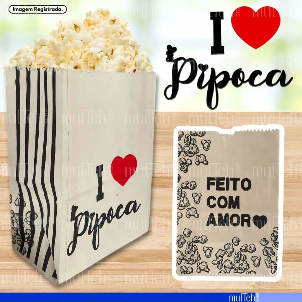 Saquinho de Pipoca SOS Premium Festa Junina Saco Papel Pardo Grande “Eu amo pipoca/Feito com amor"