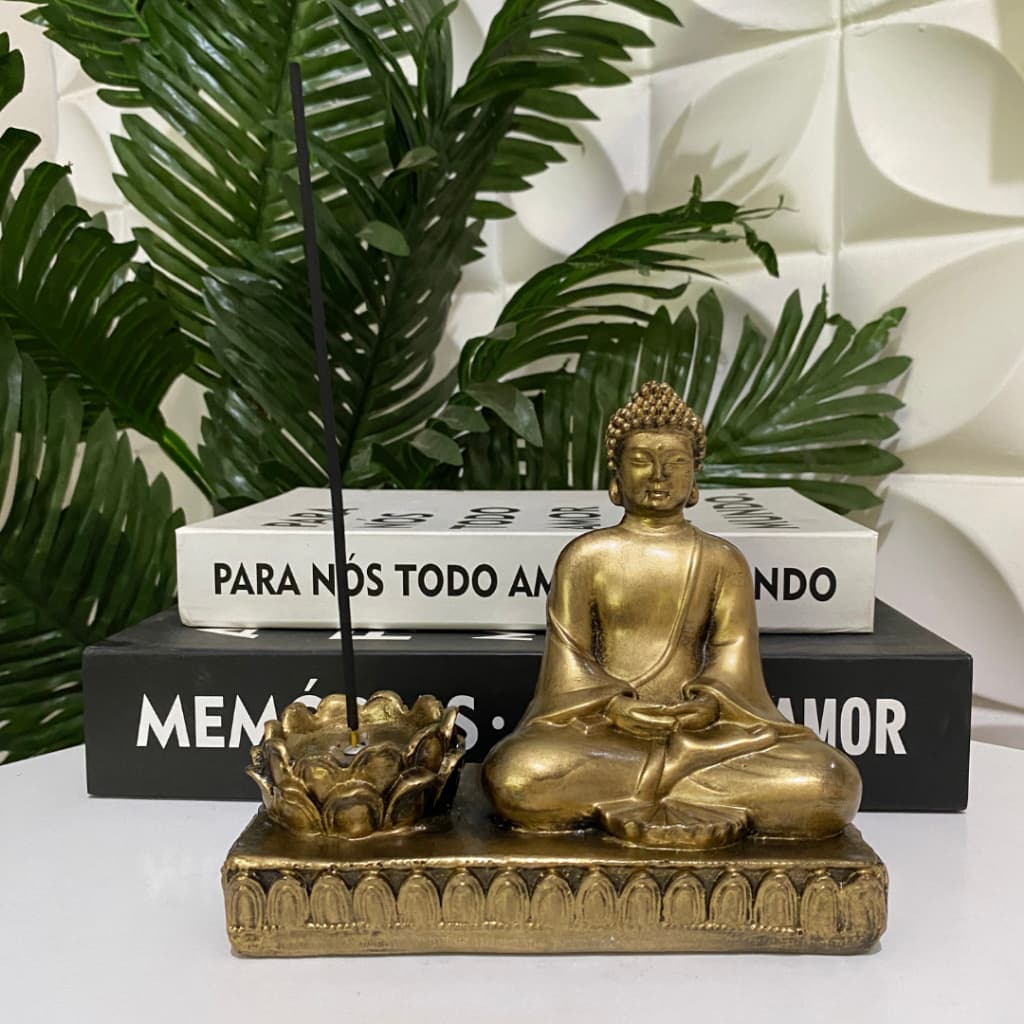 Porta Vela E Incensário Buda Meditando E Flor De Lotus Decorado Cantinho Meditação Dourado