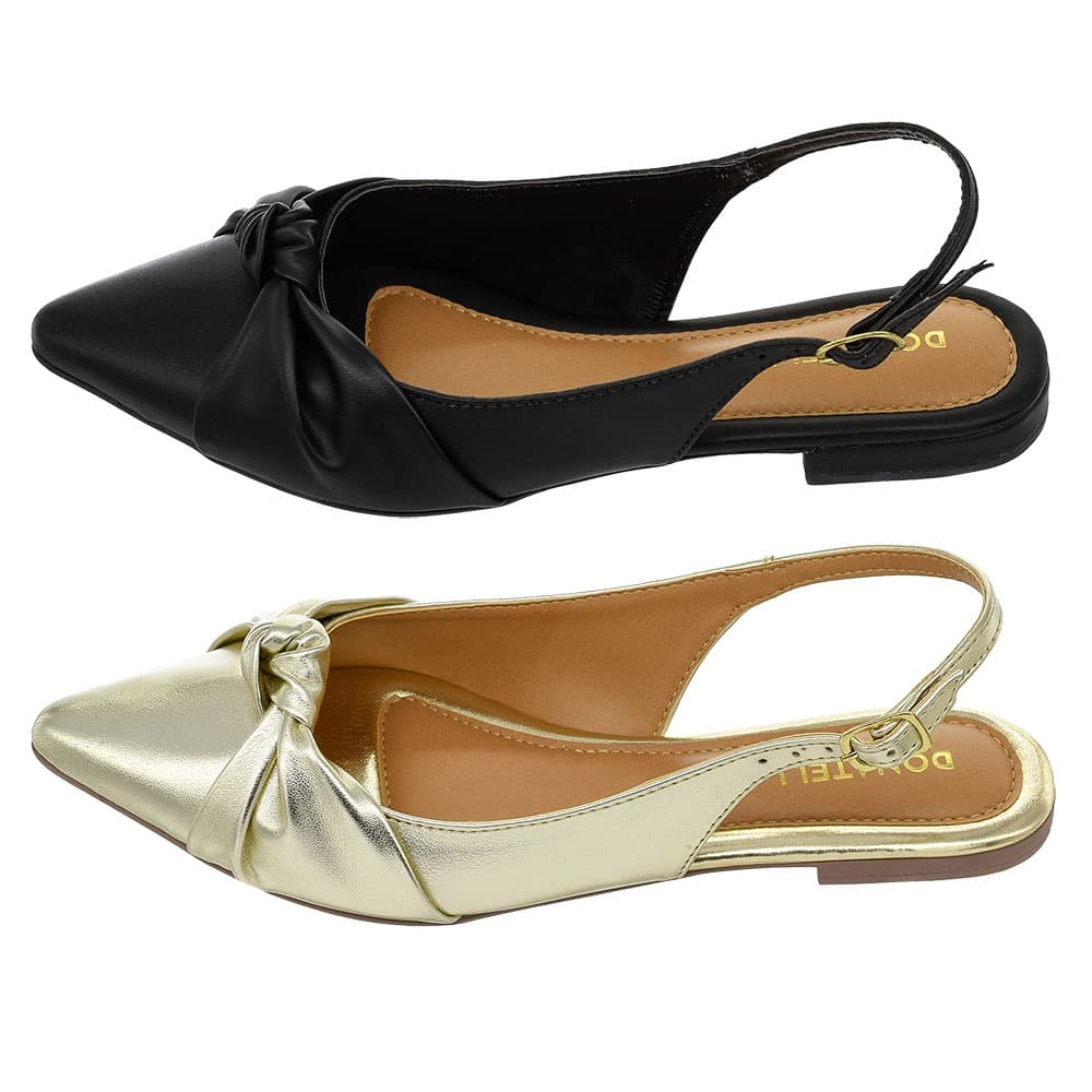 Kit 2 Pares Sapatilha Feminina Aberta Slingback Bico Fino Confort Novo Metalizado Nó