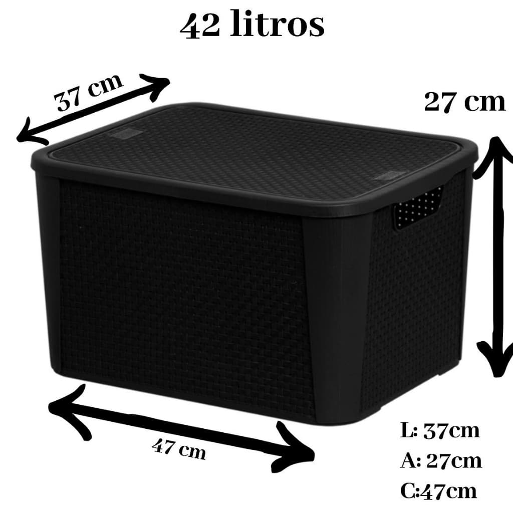 Kit 03 Caixas Organizadora / Guarda Brinquedos Rattan Preta 42 Litros