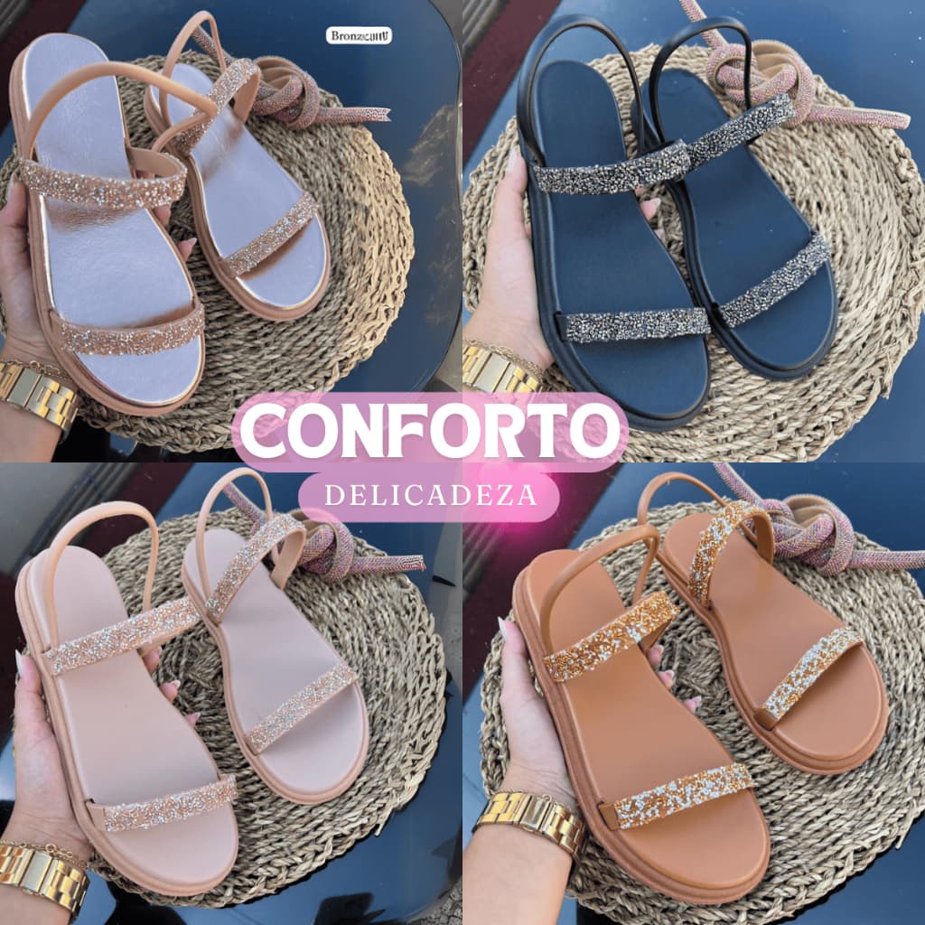 Rasteirinha Flatt Birken Tiras Em Strass De Luxo Brilho e Elegância