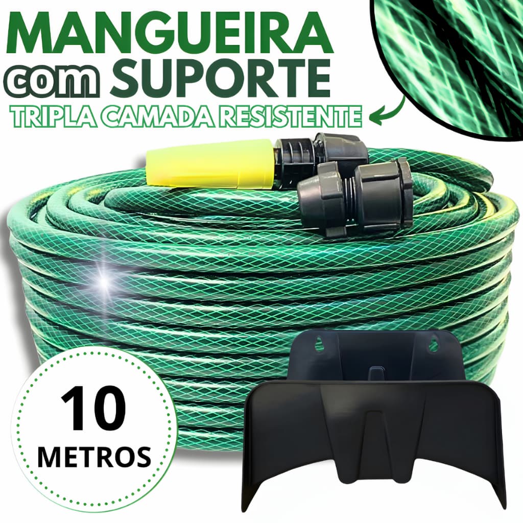 Mangueira Jardim 10 Metros Resistente  Reforçada Trançada com Esguicho Forte Tripla Camada Suporte