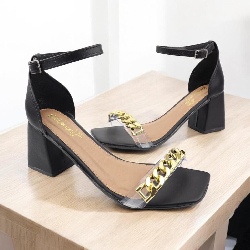 Sandália Feminino Salto Medio Tira Vinil Com Corrente Palmilha Confort Branco Preto Nude Caramelo