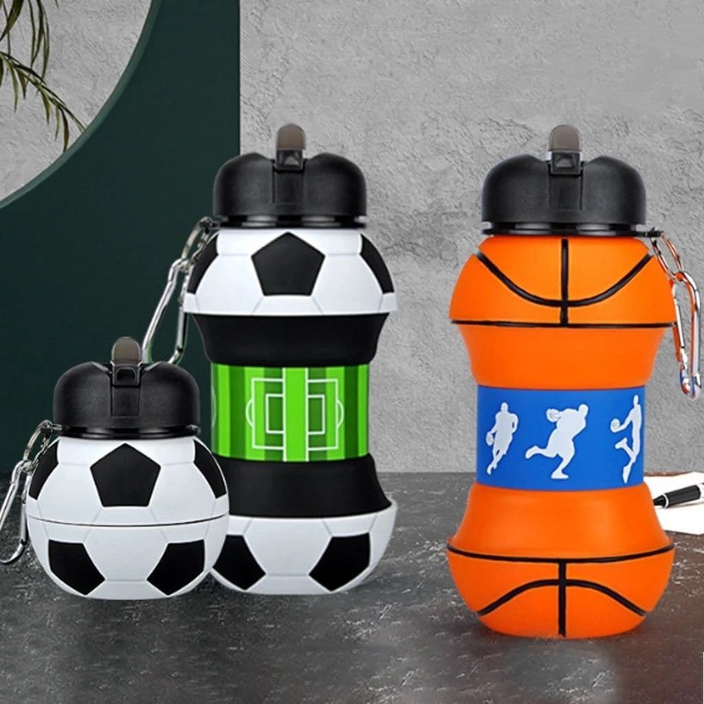 Copo de água esportivo de 500ml, copo de água dobrável de silicone ecológico, copo de água infantil, futebol e basquete