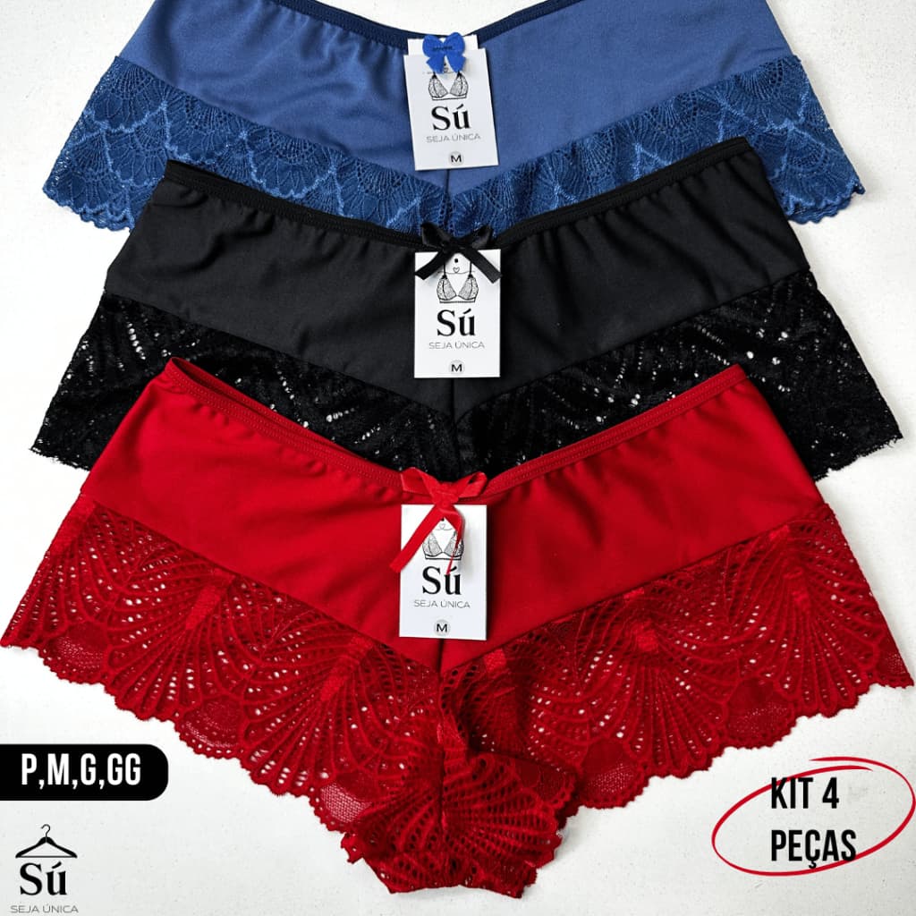 Kit 4 Calcinhas Luxo Renda Box Shortinho Cueca Feminina Forro Algodão Conforto Seja Única