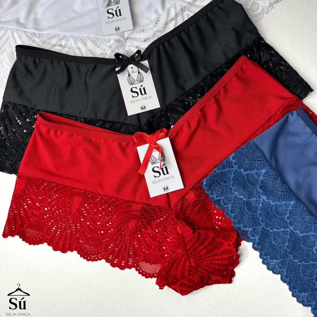 Kit com 3 ou 1 Calcinha Luxo Renda Box Shortinho Cueca Feminina Forro Algodão Conforto Seja Única