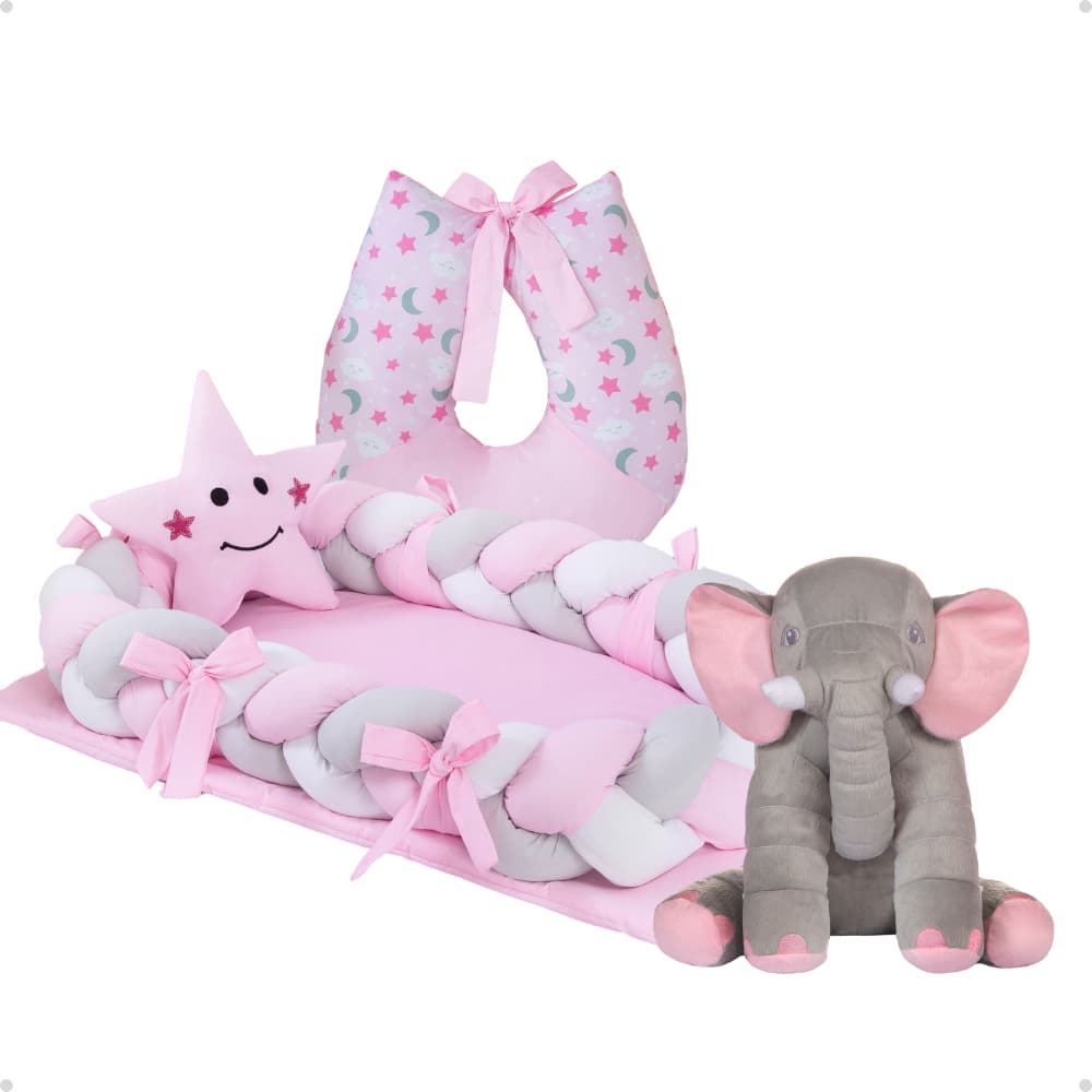 Kit Bebê Almofada Amamentação + Ninho Berço Redutor Trança + Elefante 60cm Mamãe Bebês Antialérgicos