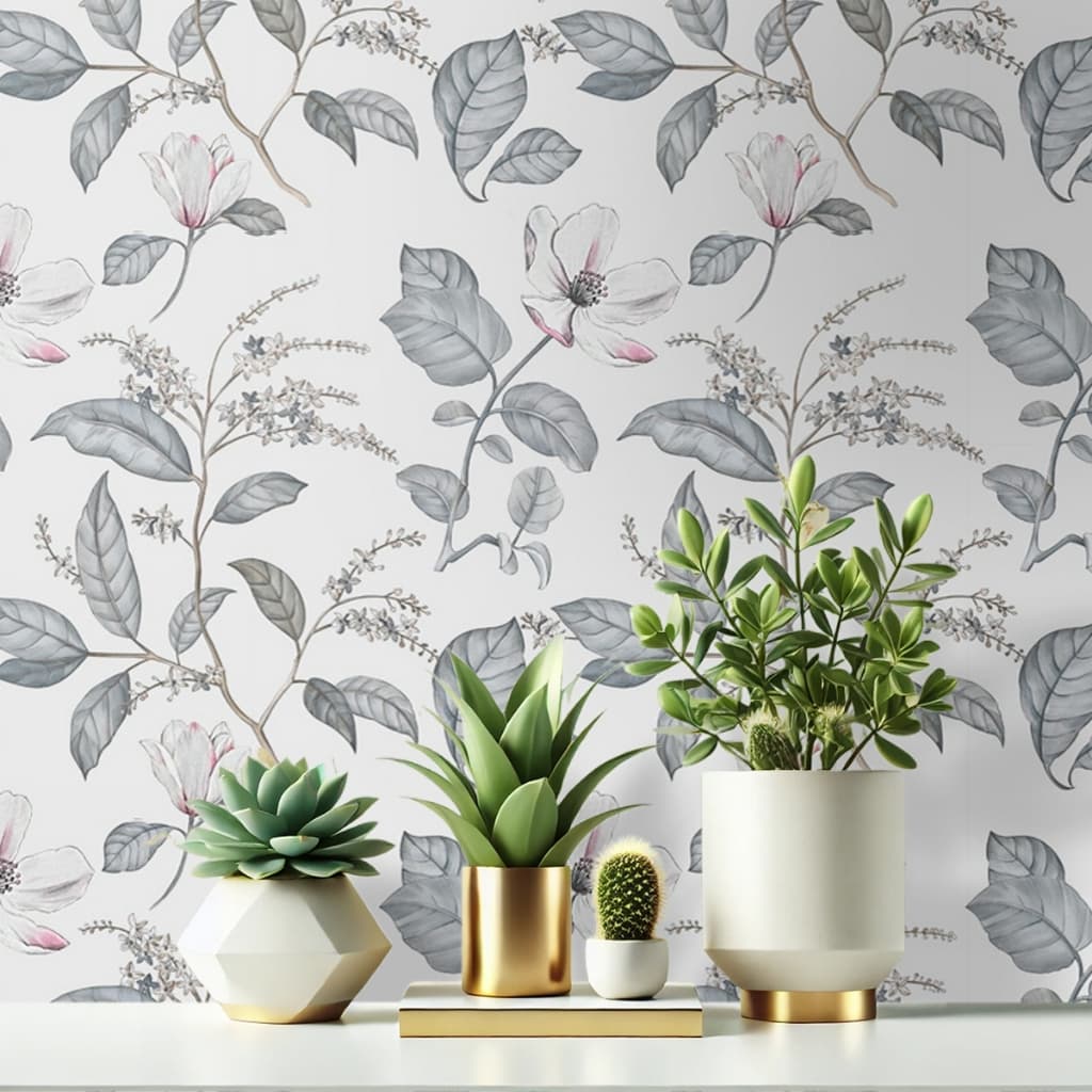 Papel De Parede Autocolante Floral Rosa Branca Flores Flor Cinza Antimofo Lavável 5M x 0,45cm