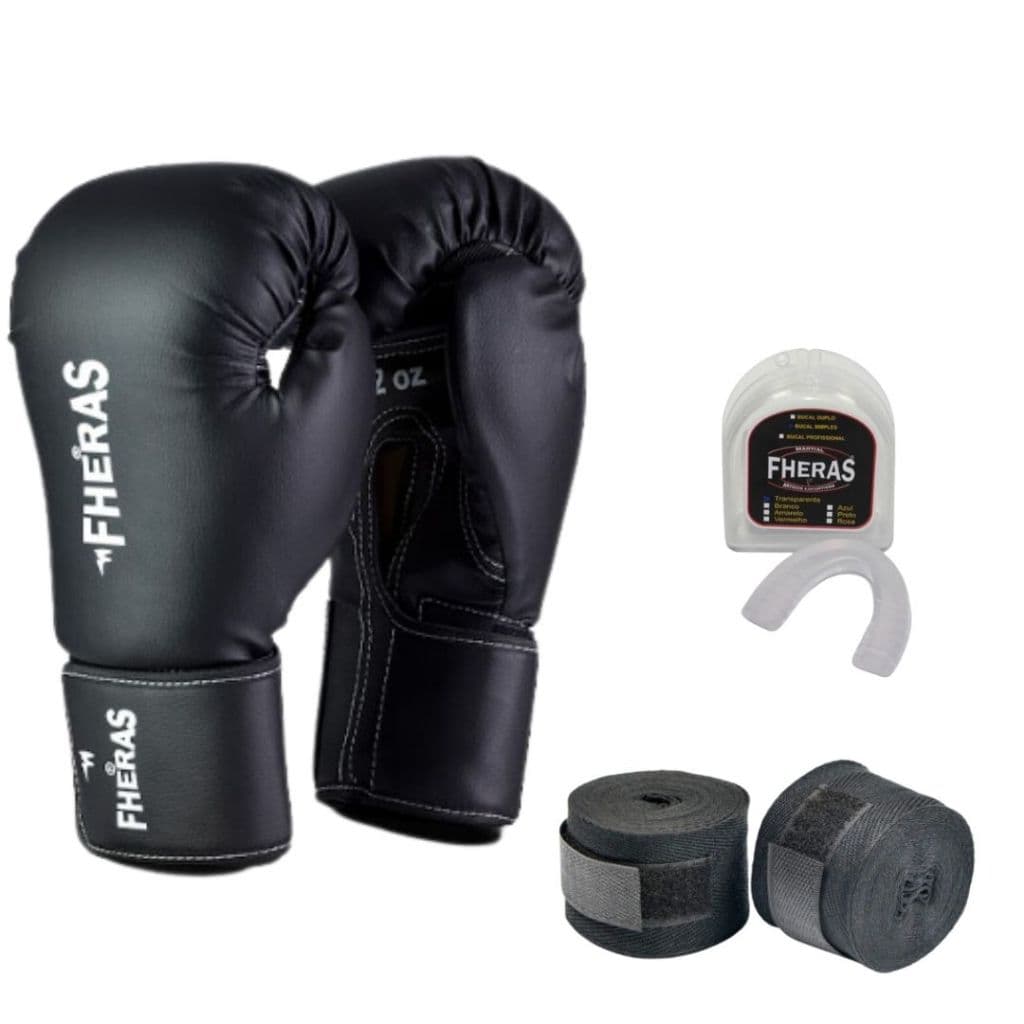 Kit Muay Thai Boxe Luva Preta Fheras com Bandagem e Protetor Bucal
