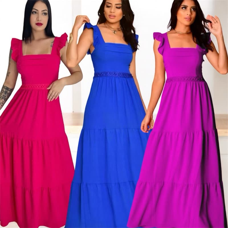 vestido longo alcinha babada com renda