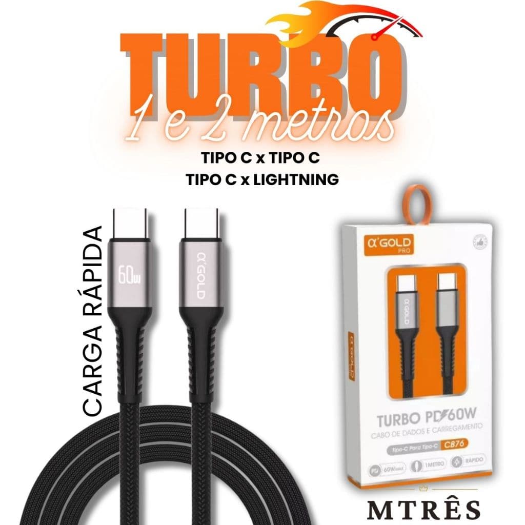 Cabo USB Celular de Força Carregamento Dados A Gold Com 1 ou 2 Metros Turbo Reistente
