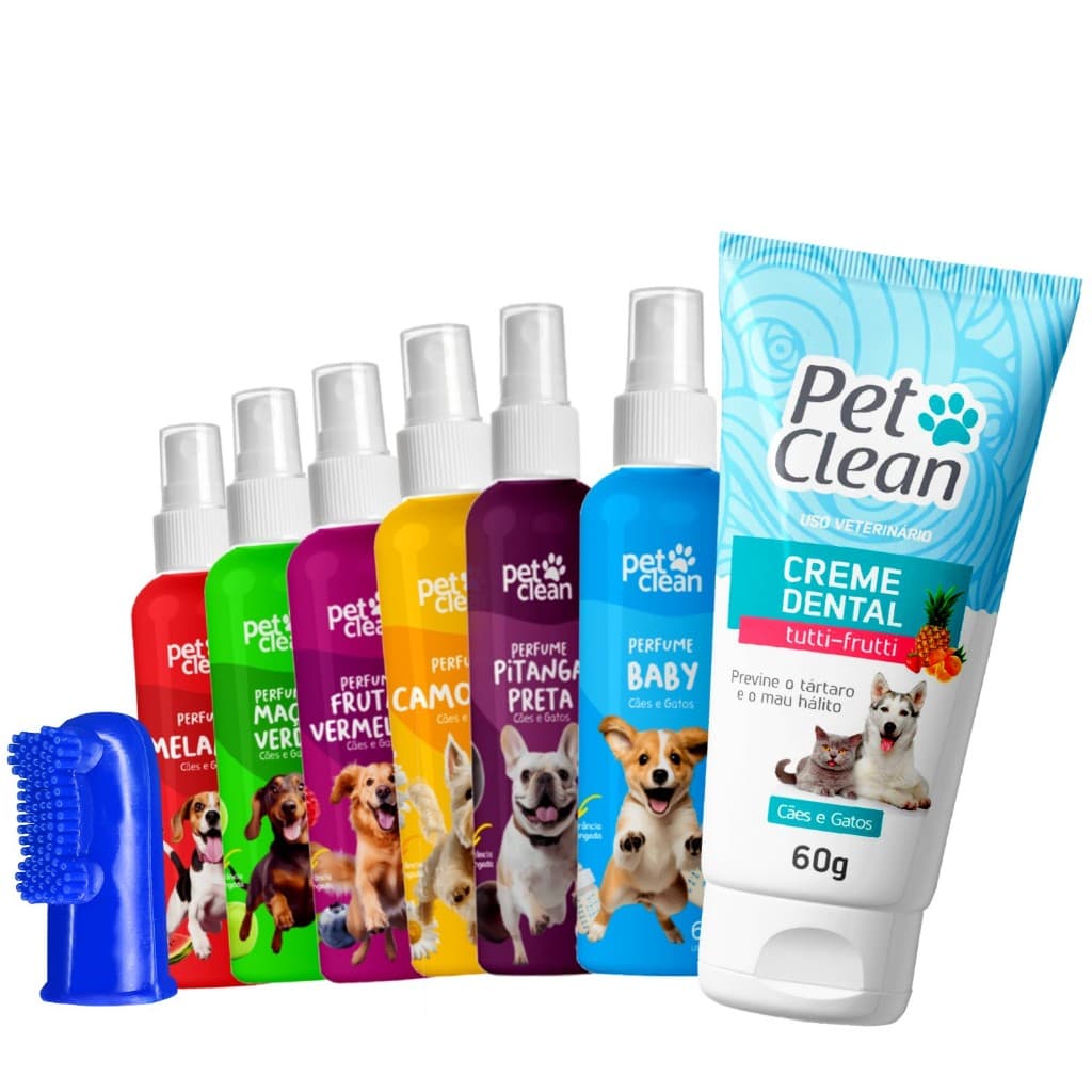 Kit Creme Pasta de Dente Tutti Fruti Escova Dental e Perfume Baby Filhotes Pet Caes e Gatos