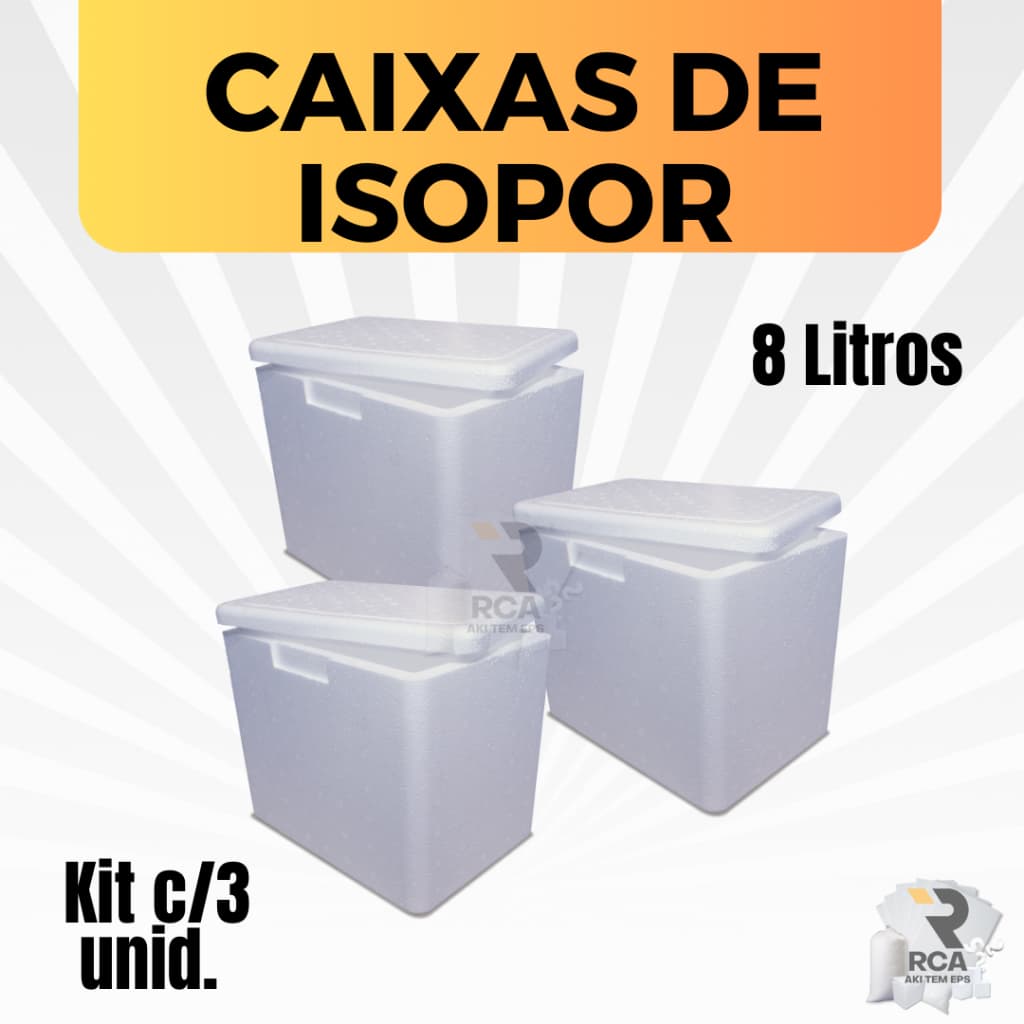 Kit com 3 Caixas de Isopor EPS 8 litros para Gelo, latas, bolos de pote, doces e Medicamentos