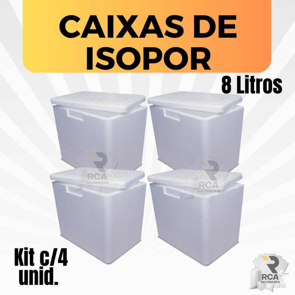 Kit com 4 Caixas de Isopor EPS 8 litros para Gelo, Refrigerante, latas, bolos de pote, doces e Medicamentos