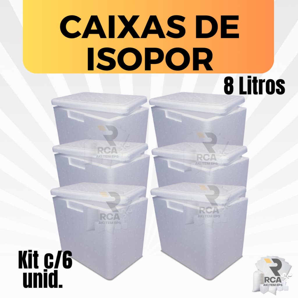 Kit com 6 Caixas de Isopor EPS 8 litros para Gelo, Refrigerante, latas, bolos de pote, doces e Medicamentos