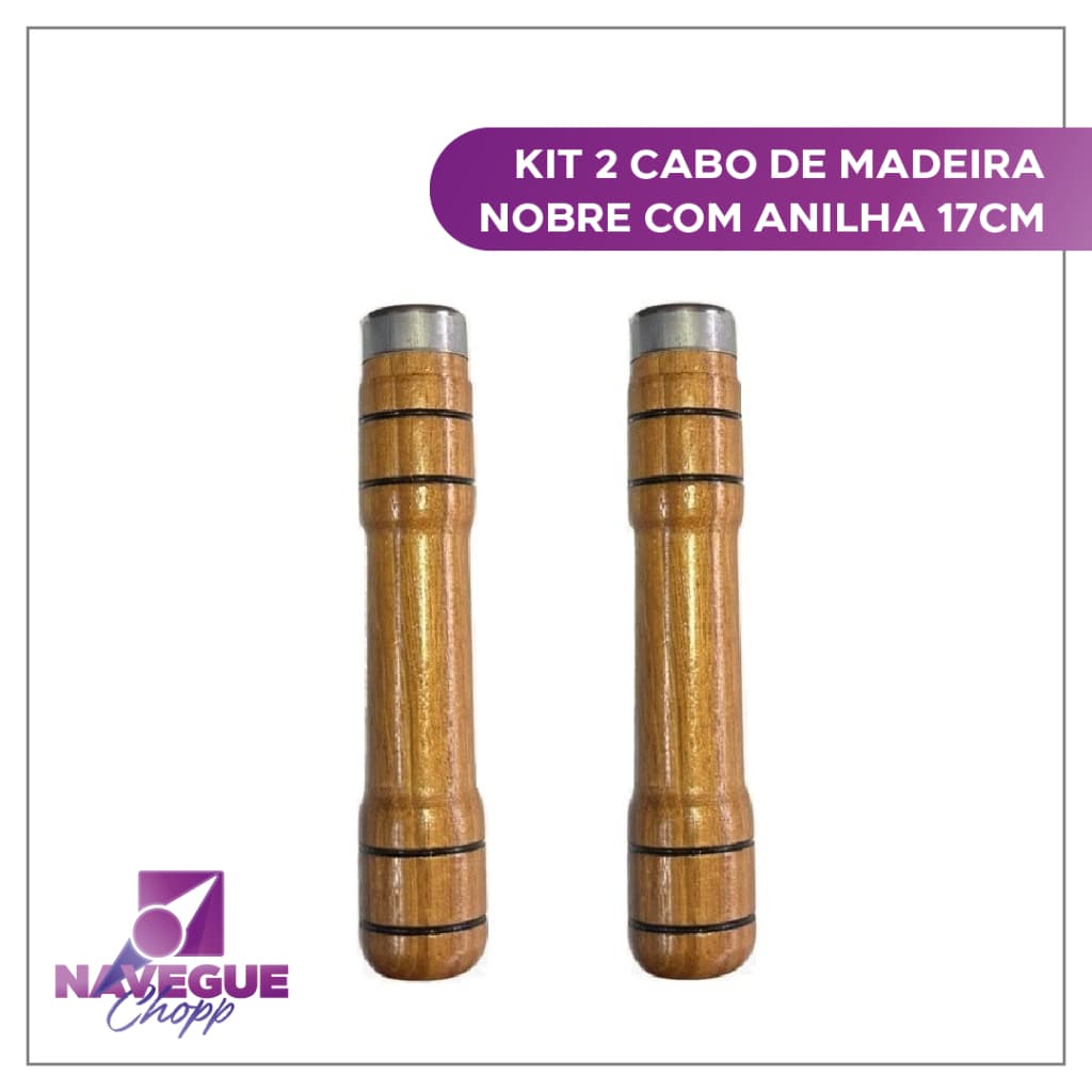 Kit com 2 Cabos de Madeira Nobre com Anilha para Grelha e Espeto Torneado - 17 cm