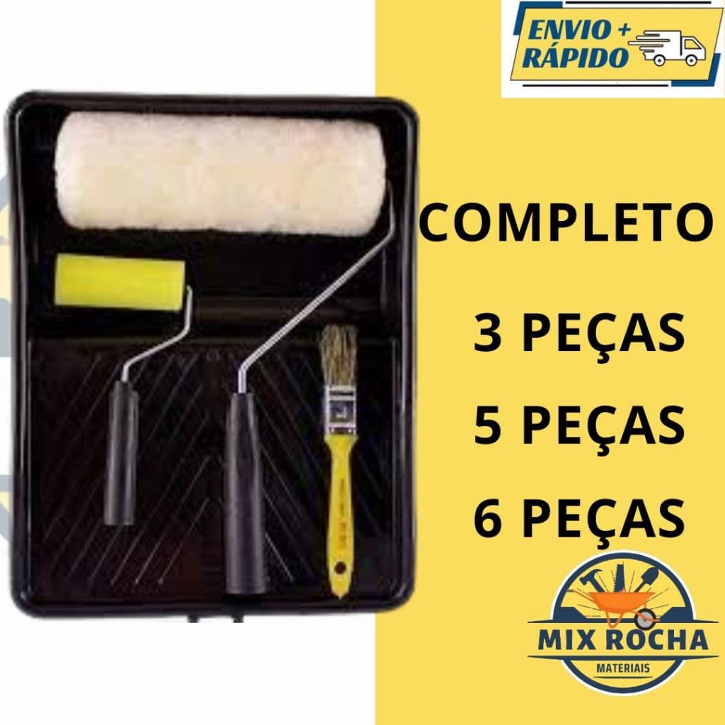 Kit Pintura 3, 5 ou 6  peças Multiuso Econômico  Rolo De Pintura 23cm + Suporte + Bandeja + Trincha