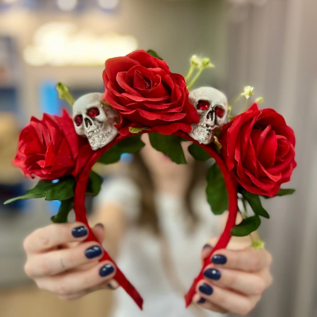 Tiara Flores Halloween Rosas Preta Vermelha Caveira Mexicana Luxo