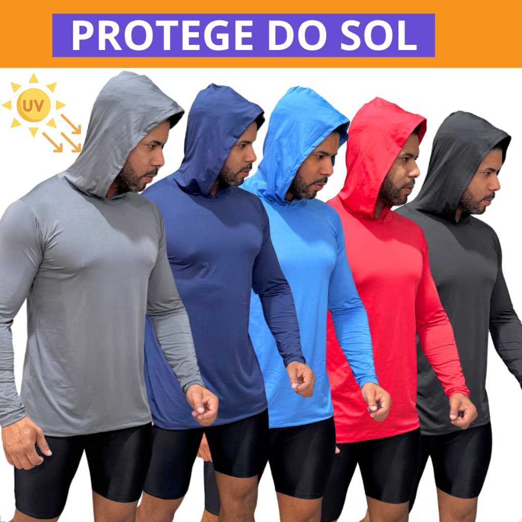 Camisa Térmica CAPUZ Masculina Manga Longa Proteção UV50+ Tecido Geladinho Unissex