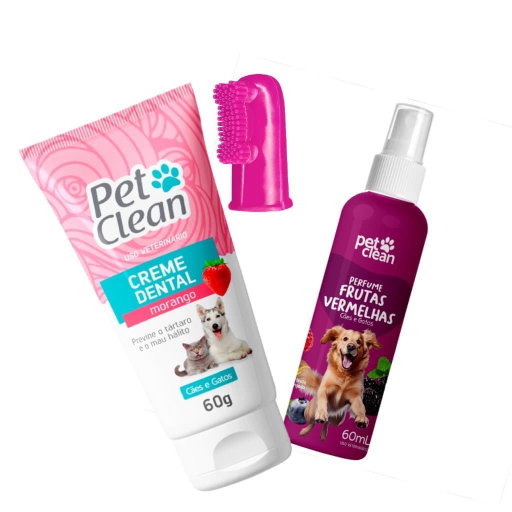 Creme Gel Dental Morango + Escova de Dente + Perfume Frutas Vermelhas Pet Cachorro e Gato