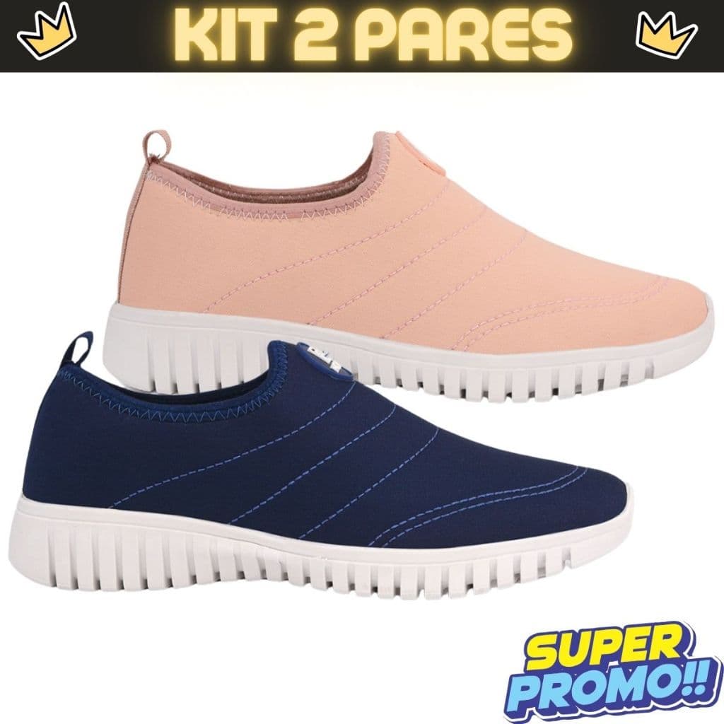 Kit 2 Tênis Meia Feminino Slip On Sem Cadarço calce facil Confortável Para Caminhada Academia Dia a Dia Leve
