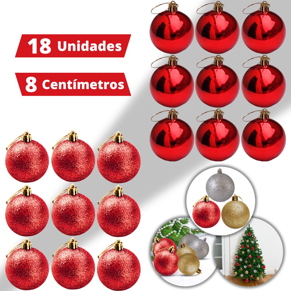 Kit 18 Bola De Natal Grande 8cm Brilhante Glitter Vermelha Dourada Prata Enfeite Decoração Árvore