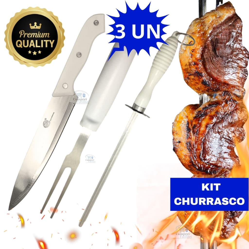 Kit 1, 2 ou 3 De Churrasco 3 Peças Faca Garfo Trinchante Chaira Amolador