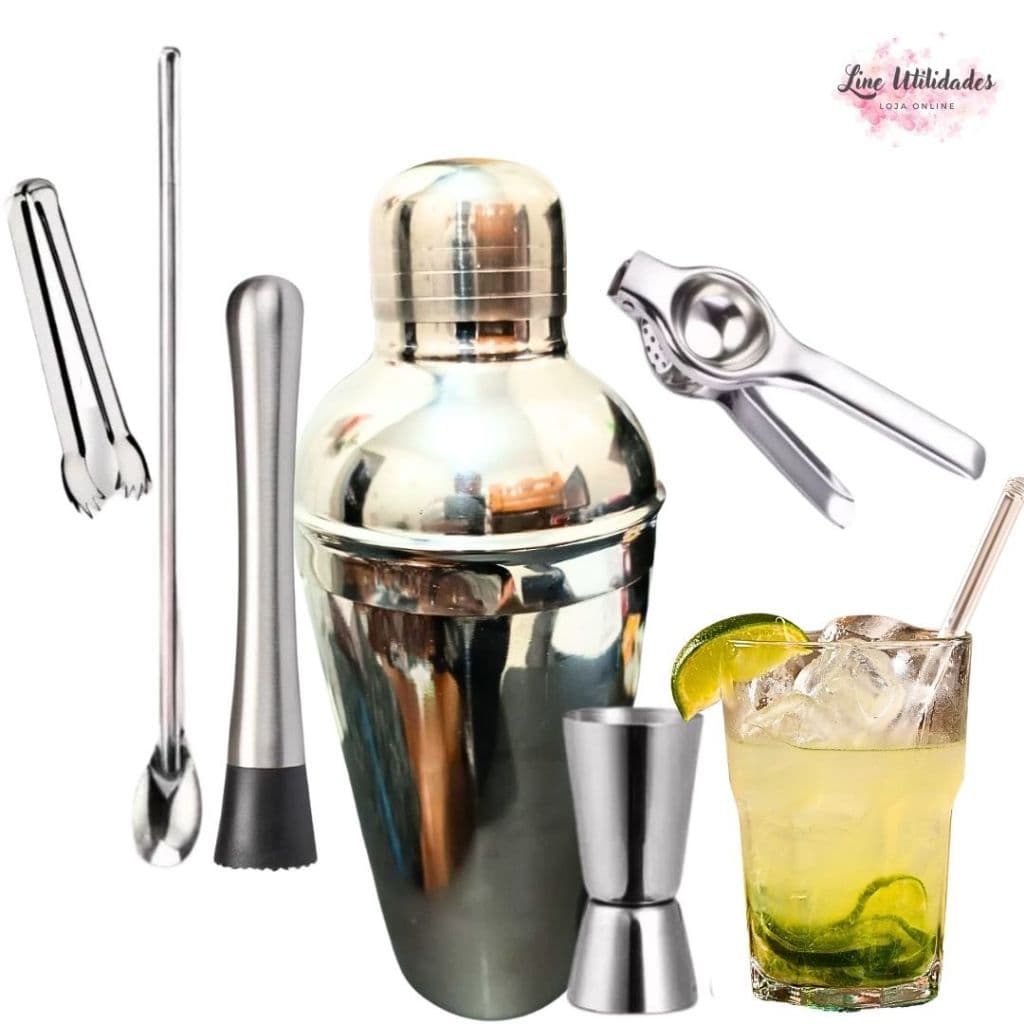 Kit 6 Peças para Caipirinha — Coqueteleira, Espremedor, Dosador, Colher Bailarina, Pegador e Socador