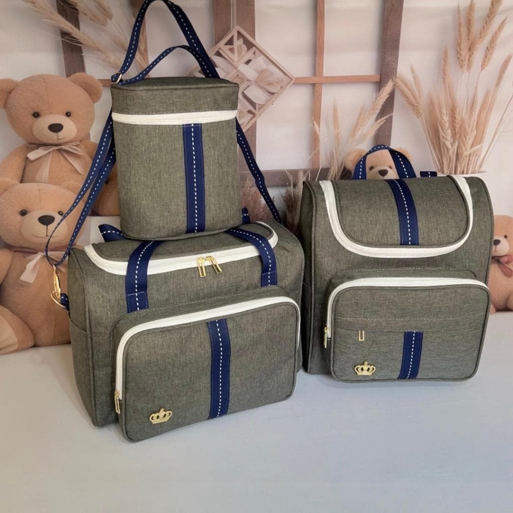 Kit Silver Blue Impermeável Bolsas Maternidade Cinza com faixa Azul Marinho 03 peças