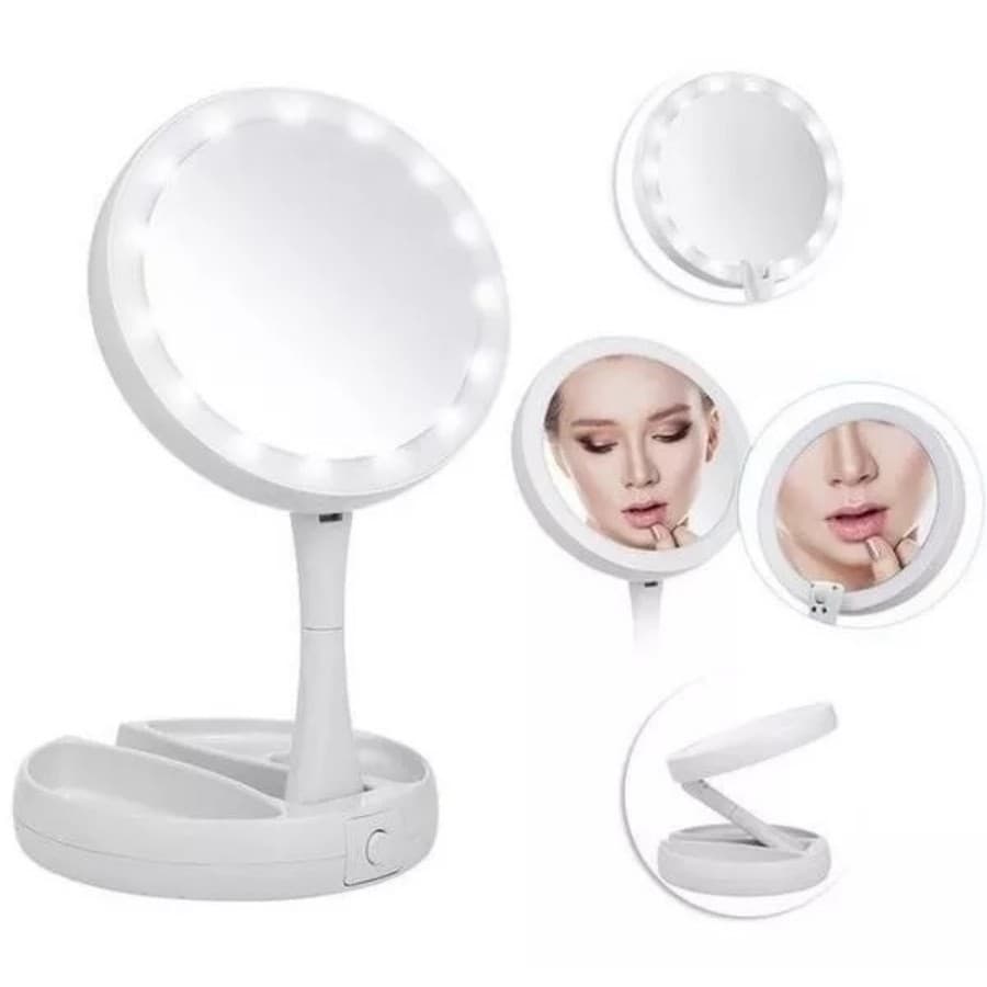 Espelho De Luz Led Dobravel Aumenta 10x Maquiagem Portátil Cor Da Moldura Branco