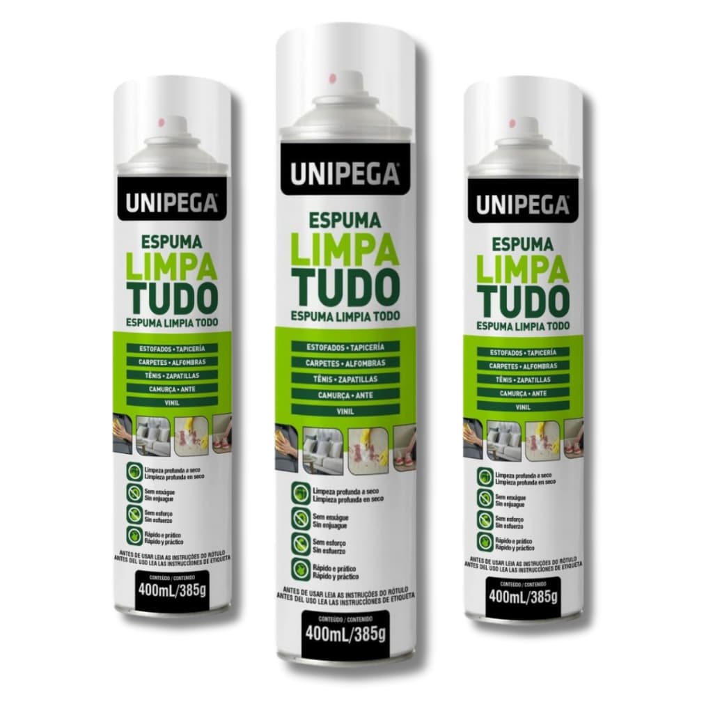 Espuma de Limpeza Multiuso Unipega 400ml – Remove Sujeira e Gordura -Kit 3
