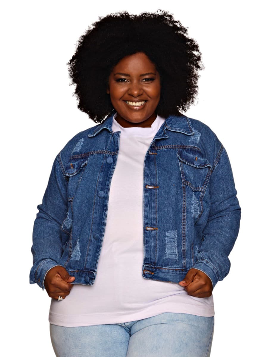 Jaqueta Plus Básica Jeans Moda Feminina