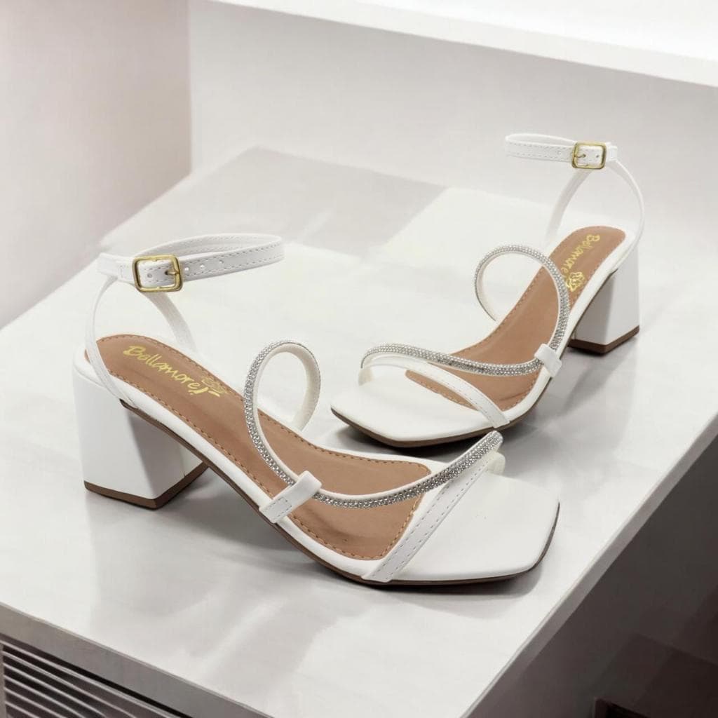 Sandália Feminina Salto Medio 8,0 Bloco Confort Com Tira Strass Brilhante Branco Preto Nude Vermelho