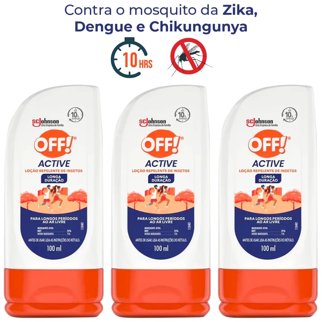Kit 3x Repelente Contra Insetos Off Active até 10h Longa Duração Deet 25% 100ml Loção