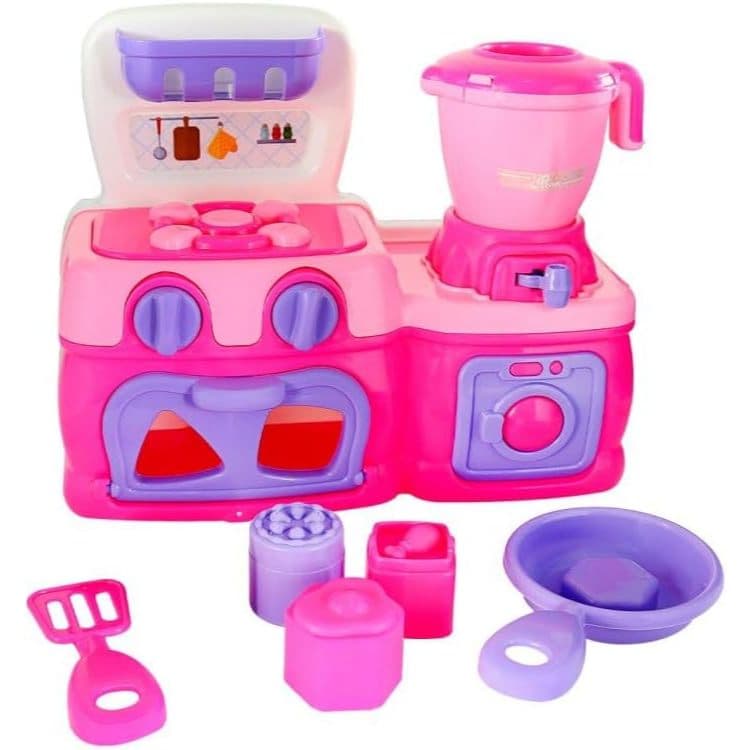 Mini Cozinha Rosa Infantil Completa Mini Fogão Forno, Liquidificador, Espátula e Outros Acessórios