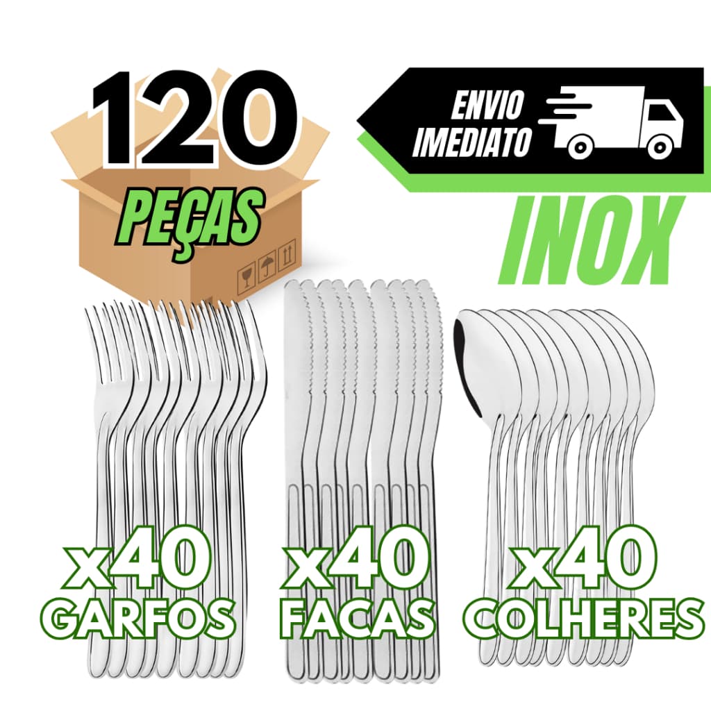 Kit Talher 120 Peças Aço INOX 40 Facas 40 Colheres 40 Garfos de Mesa Cozinha Qualidade Casa
