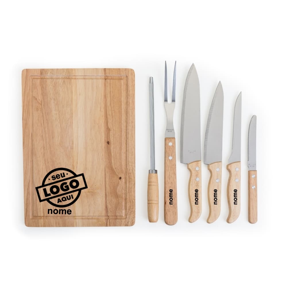 Personalizado Kit churrasco 8 peças Com Tábua Em Bambu, Cozinha, Casa, Avental, Área gourmet,